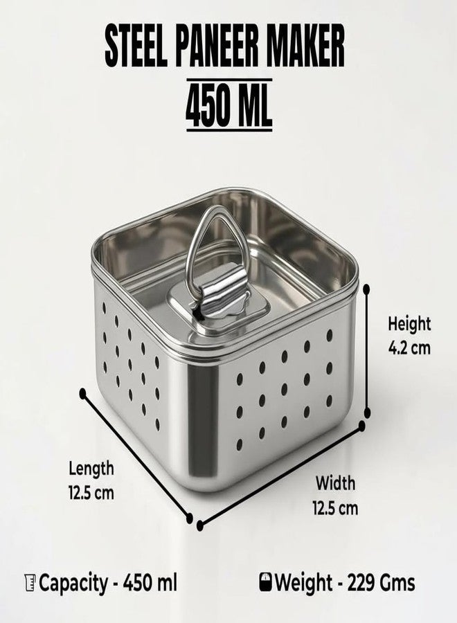 HIRNAYA Stainless Steel Paneer Maker - 450ml, Square Shape Paneer Press Mould with Lid & Whey Separator, Ideal for Homemade Paneer, Cheese & Tofu Press - Image 3